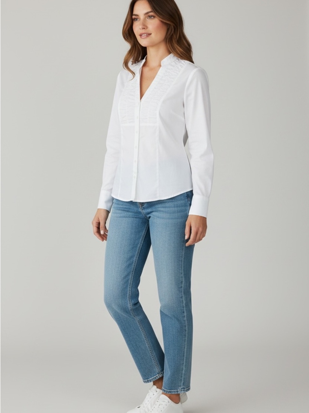 Express DS Med White Women's Ruffle Front Button-Down Shirt with Tailored Waist